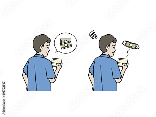 通帳を見る男性イラスト