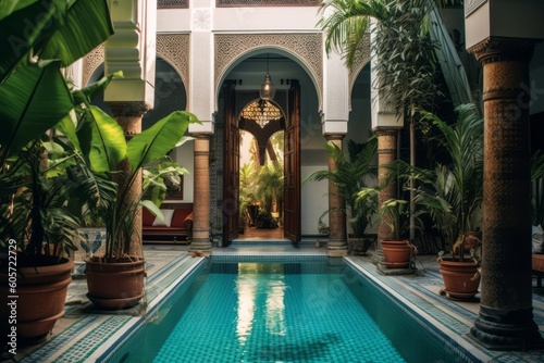 An image of a beautifully decorated Moroccan Riad courtyard, featuring colorful tiles, lush plants, and a central fountain, conveying the tranquil and exotic atmosphere of the space. Generative AI