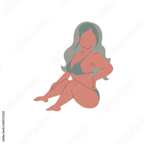 Woman wearing swimsuit sitting isolated on white background.