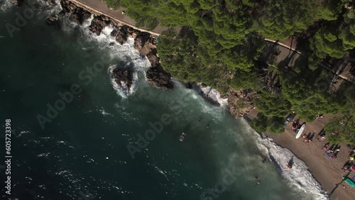 Aerial panoramic drone view of Podrace Beach in Brela, Kamen Brela, symbol of Brela, Punta Rata, Makarska Riviera photo