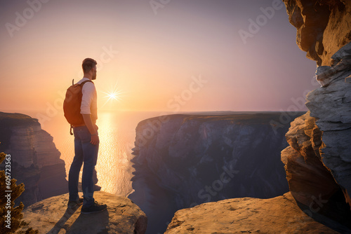 Backlit image of a man looking at sunset standing on cliff, created with generative AI technology