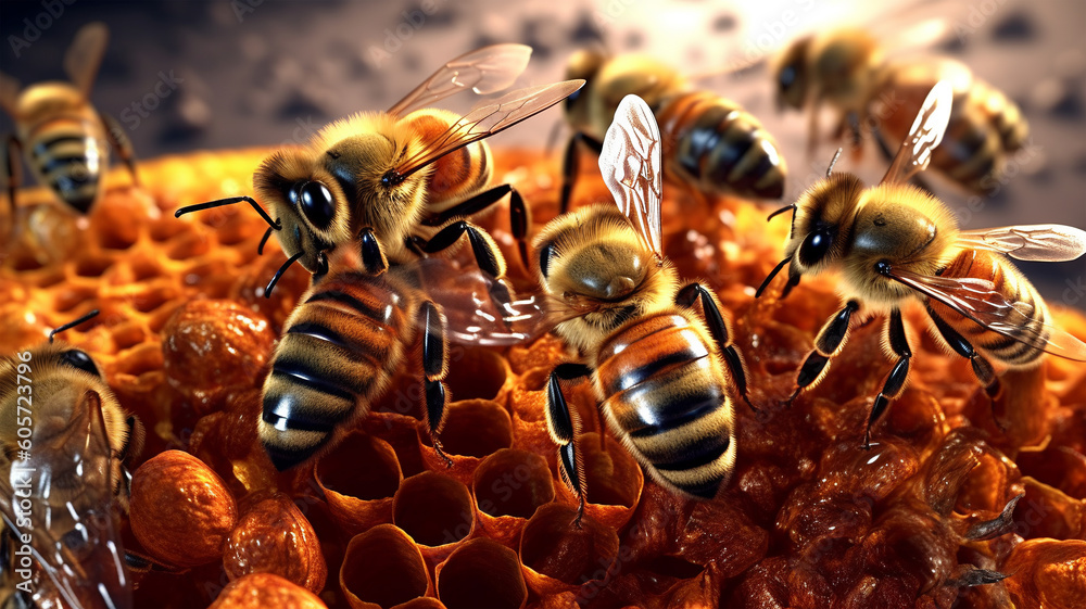 Bees in the honeycomb, close up, honey, healthy living, Generated AI Bees in the honeycomb, close up, honey, healthy living, Generated AI