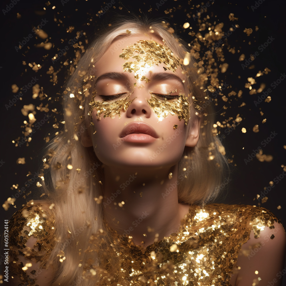 AI Generated fictional blond woman in gold glittering dress on golden glitter background, Closed eyes girl with blond lush hair, luxury and premium photography for advertising product design - obrazy, fototapety, plakaty 