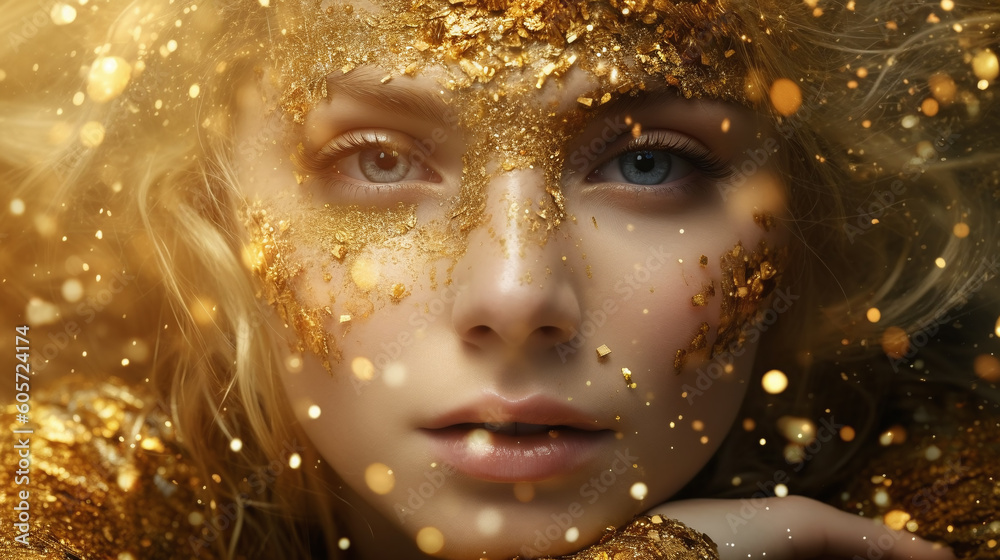 Woman on golden glitter background, Generative AI illustration. Girl with curly blond lush hair, luxury and premium illustration for advertising product design. Woman on golden glitter background, Generative AI illustration. Girl with curly blond lush hair, luxury and premium illustration for advertising product design.
