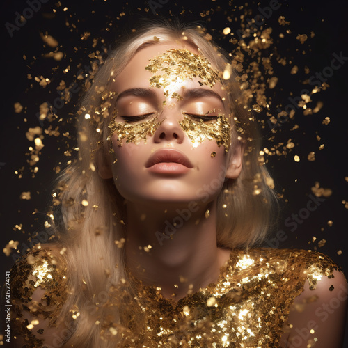 AI Generated fictional blond woman in gold glittering dress on golden glitter background, Closed eyes girl with blond lush hair, luxury and premium photography for advertising product design photo