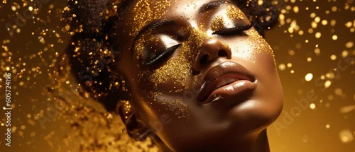 Obraz Fictitious AI Generated African American woman in gold on golden sparkling background, girl in golden dress. Luxury and premium photography for advertising product design.