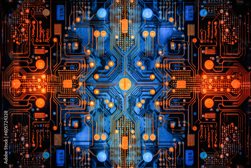 Generative AI image of top view of circuit board with blue and orange glowing lights and with many installed electrical components processors against dark background photo