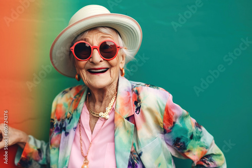 Generative AI illustration of portrait of female pensioner in sunglasses and hat smiling while chilling on summer holiday photo