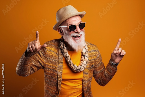 Generative AI illustration of portrait of happy man pensioner wearing colorful casual clothes photo