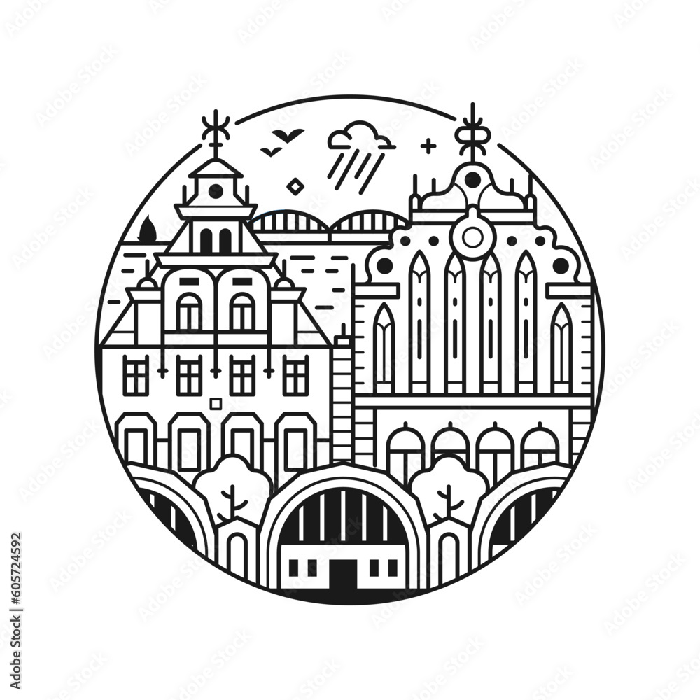 Travel Riga Circle Icon in Line Art