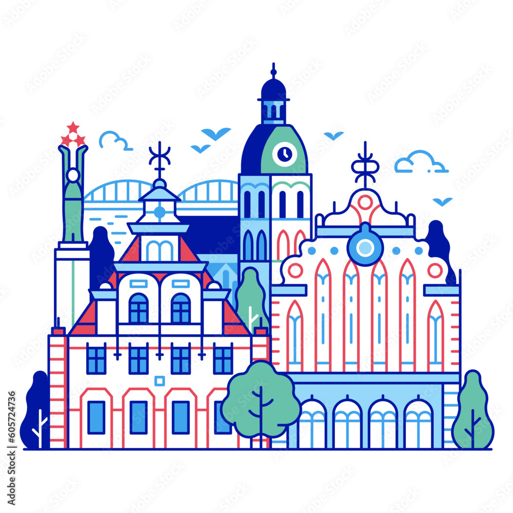 Riga Old Town City Skyline in Line Art
