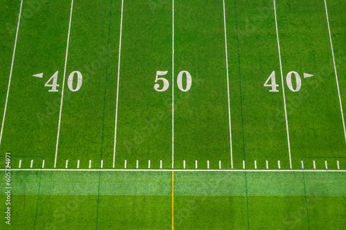 Looking down at the 50 yard line on a sports field