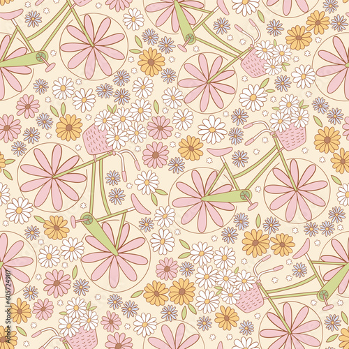 Retro 70s 60s Floral Hippie Summer Groovy Bicycle Flower Power Flower vector seamless pattern. Boho Summer ditsy retro colours flower bouquet light background surface design.