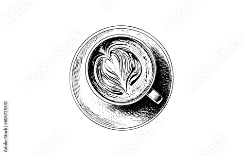A cup of cappucino on a saucer with a spoon. Hand drawn vector engraving style illustrations