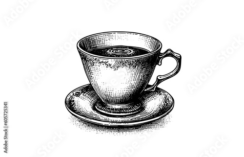 A cup of coffee on a saucer with a spoon. . Hand drawn vector engraving style illustrations