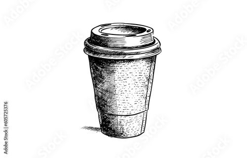 Takeaway Paper coffee cup with cover. Hand drawn sketch style. Vintage color vector engraving illustration for label, web, flayer