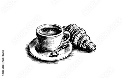 A cup of coffee and croisant on a saucer with a spoon. Hand drawn vector engraving style illustrations