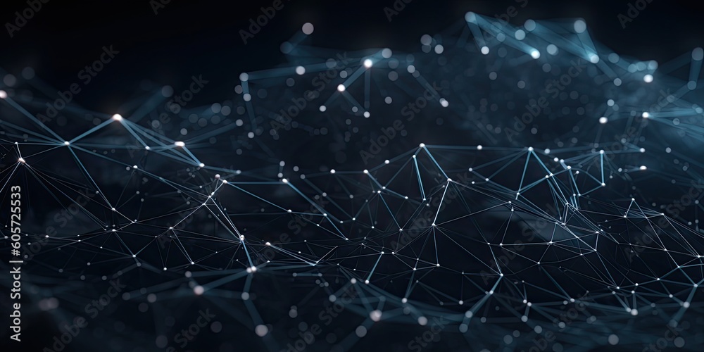 Molecules technology with polygonal shapes on dark blue background. Connecting dots and lines. Low poly shape. Abstract futuristic digital technology concept. Generative AI. Molecules technology with polygonal shapes on dark blue background. Connecting dots and lines. Low poly shape. Abstract futuristic digital technology concept. Generative AI.