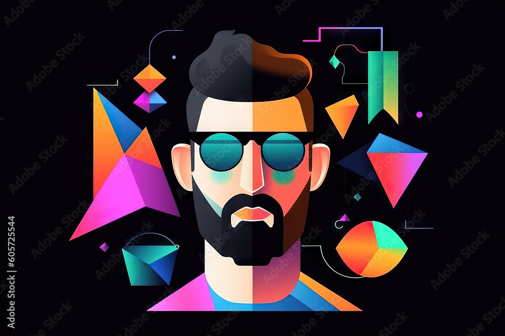 Generative AI illustration of abstract bright man in glasses on black background with colorful geometric shapes representing concept of virtual reality Generative AI illustration of abstract bright man in glasses on black background with colorful geometric shapes representing concept of virtual reality