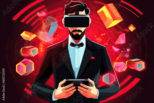 Generative AI illustration of abstract man in VR goggles and suit with controller playing videogame while standing against glowing geometric background photo