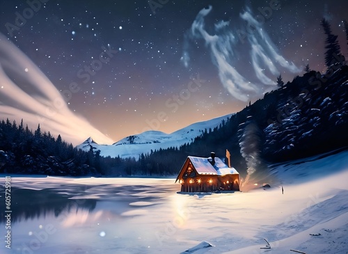 landscape in the mountains. Winter Cabin Serenity