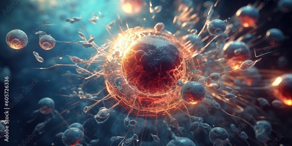 Human cell or Embryonic stem cell, Cells of the body under a microscope on colorful background. Cellular Therapy, Regeneration. Generative AI. Human cell or Embryonic stem cell, Cells of the body under a microscope on colorful background. Cellular Therapy, Regeneration. Generative AI.