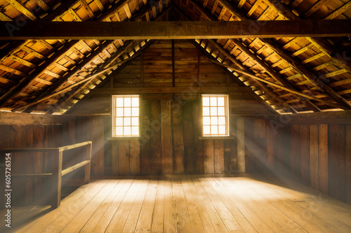Rustic log cabin interior with light rays throughout the windows and wood floors 