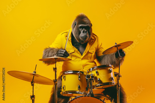 Stampa su tela A gorilla musician playing the drums in a band. Generative ai