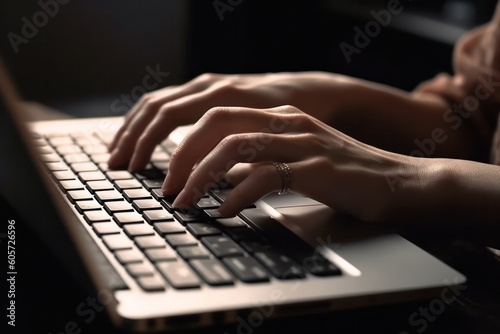 Close-up of female hands writing on a laptop. working on a modern wireless laptop .the concept of professional use of applications .Generative AI