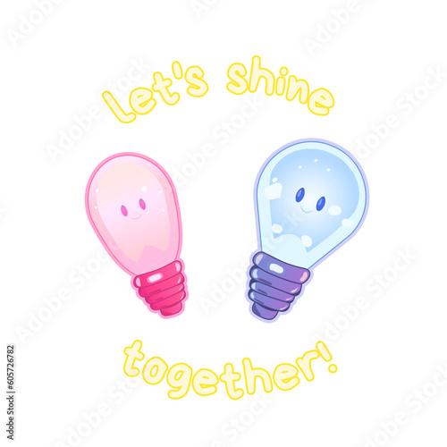 Two cute kawaii light bulbs, lamps.  Сartoon characters for valentine's day for cards, t-shirts