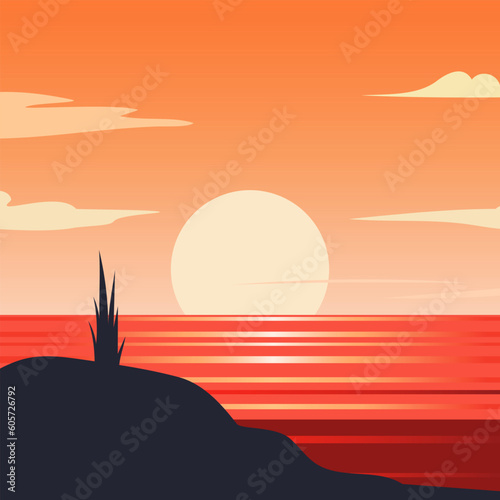 Bright colored stylish red sunset. Vector illustration 