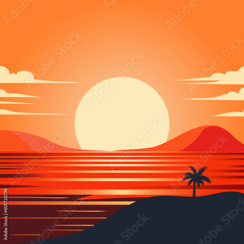 Bright colored stylish red sunset. Vector illustration
