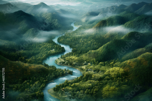 Aerial view of forest with river and mountain over.