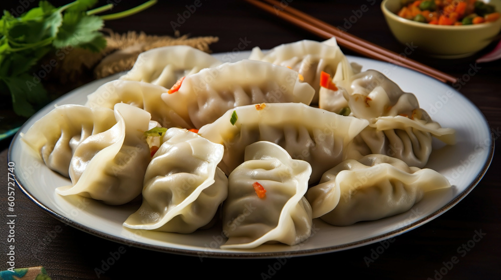 Steamed Gyoza or dumpling with chicken and vegetables. Generative AI Steamed Gyoza or dumpling with chicken and vegetables. Generative AI