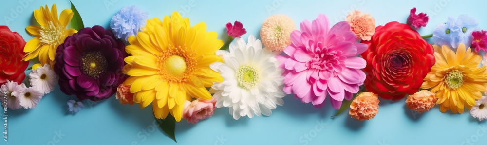 Spring banner for 8 march, mother's day, colorful vibrant bouquet of various flowers. Generative AI