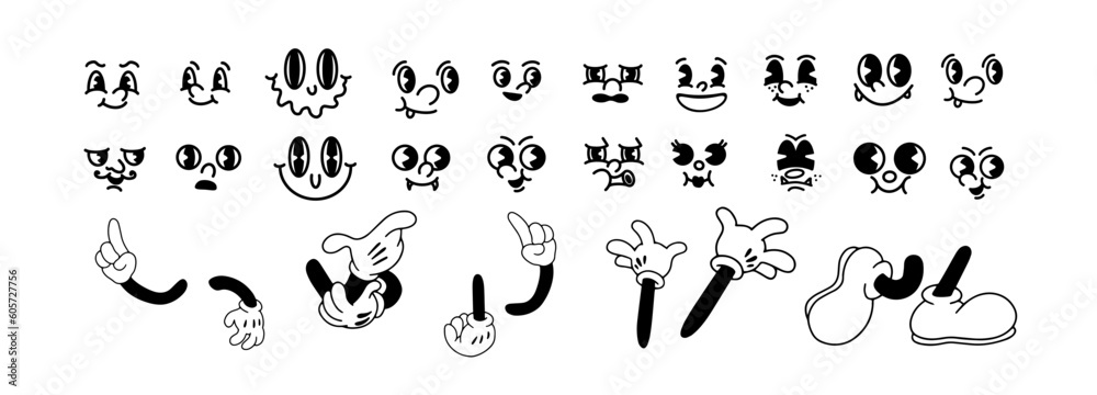 Vintage 50s cartoon and comic different facial expressions. feet in shoes and walking leg and poses set. Vintage cartoon hands in gloves and feet in shoes. Cute animation character body parts