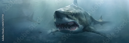 scary huge shark with open mouth underwater. Generative AI