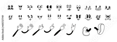 Vintage 50s cartoon and comic different facial expressions. feet in shoes and walking leg and poses set. Vintage cartoon hands in gloves and feet in shoes. Cute animation character body parts