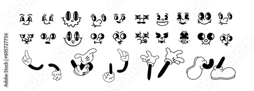 Vintage 50s cartoon and comic different facial expressions. feet in shoes and walking leg and poses set. Vintage cartoon hands in gloves and feet in shoes. Cute animation character body parts