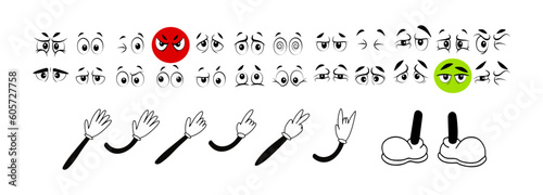 Vintage 50s Cartoon Character Facial Expressions, Poses, Hands in Gloves, and Feet in Shoes, Animation Body Parts Set svg