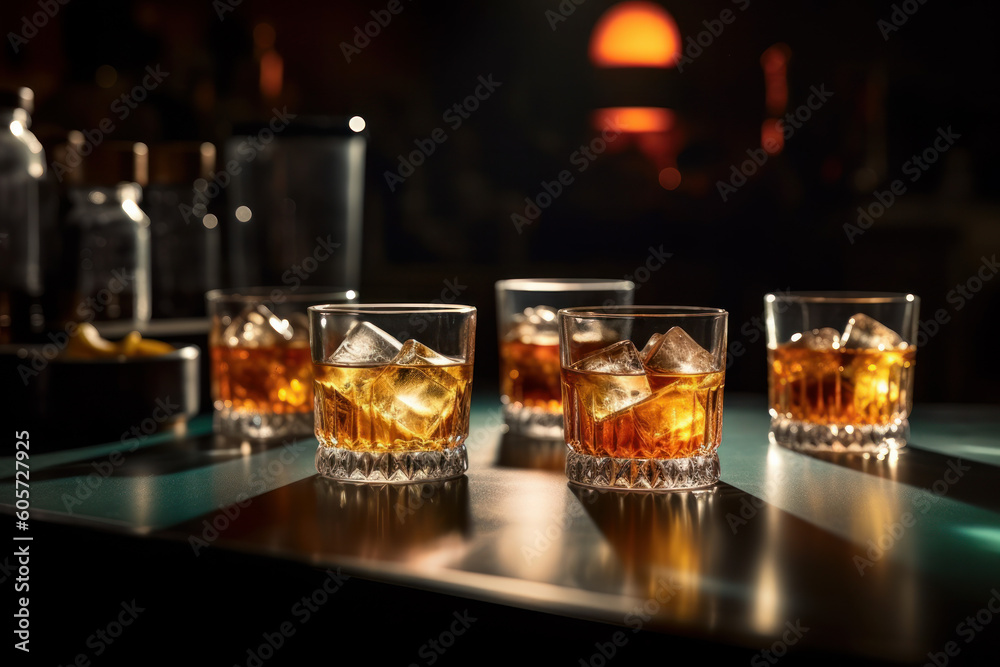 Multiple whiskey cocktails sitting on a dark bar top