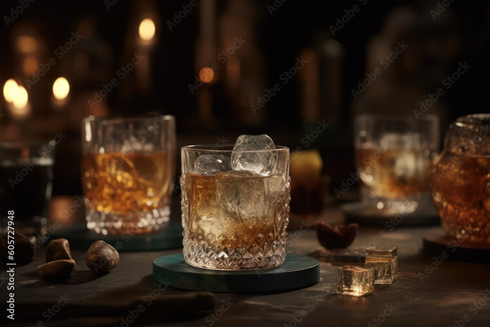 Multiple whiskey cocktails sitting on a dark bar top
