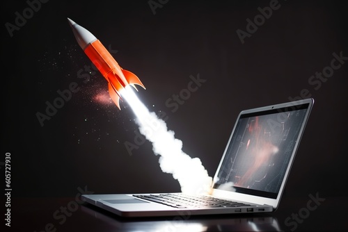 3d ,cartoon, rocket, flying through space, hand, business startup , technology, laptop, network, idea
