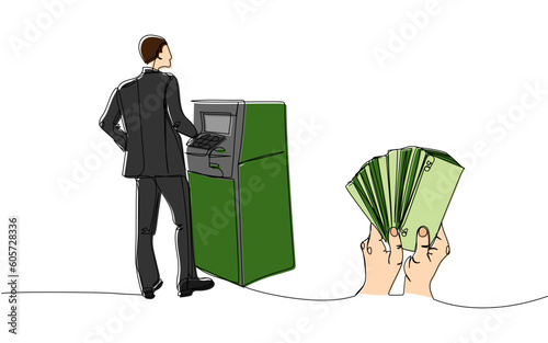 A man in a suit withdraws money from an ATM, money in hand, cash machine, bank color, colored one line art. Continuous line drawing of bank, money, finance, financial, payment, data, wealth credit