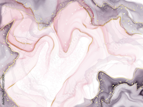 Abstract pink liquid watercolor background with gold dots and lines. Marble alcohol ink drawing effect, golden splash elements. Vector wallpaper