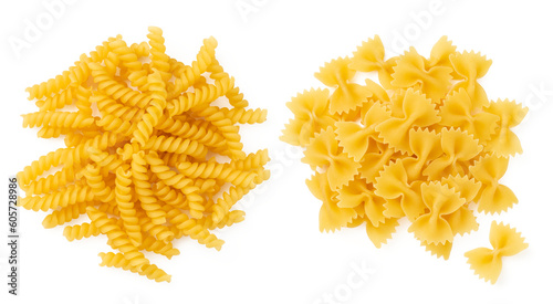 two different types of Italian pasta isolated over a transparent background, heaps of "girandole" (spirals or pinwheels) and "farfalle" (butterflies), cut-out food or cooking design elements, top view