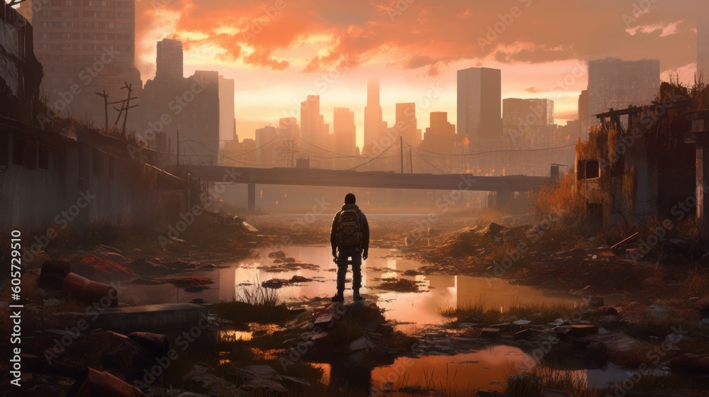 Fototapeta premium Game art piece that captures a significant moment in the middle of a hero's journey through a post - apocalyptic world. The protagonist, a resilient survivor, stands at the threshold of a crumbling ci