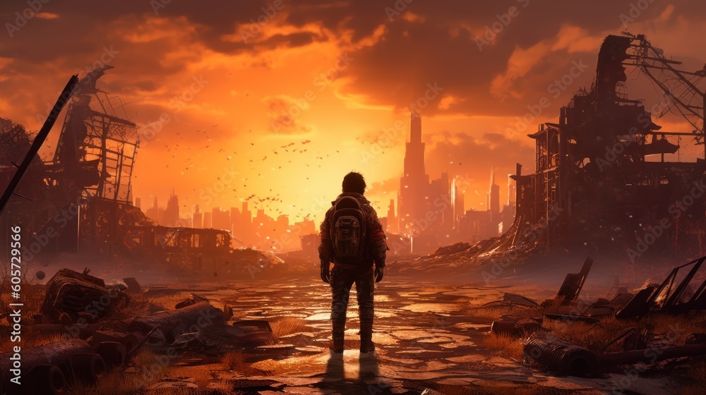 Game art piece that captures a significant moment in the middle of a hero's journey through a post - apocalyptic world. The protagonist, a resilient survivor, stands at the threshold of a crumbling ci Game art piece that captures a significant moment in the middle of a hero's journey through a post - apocalyptic world. The protagonist, a resilient survivor, stands at the threshold of a crumbling ci