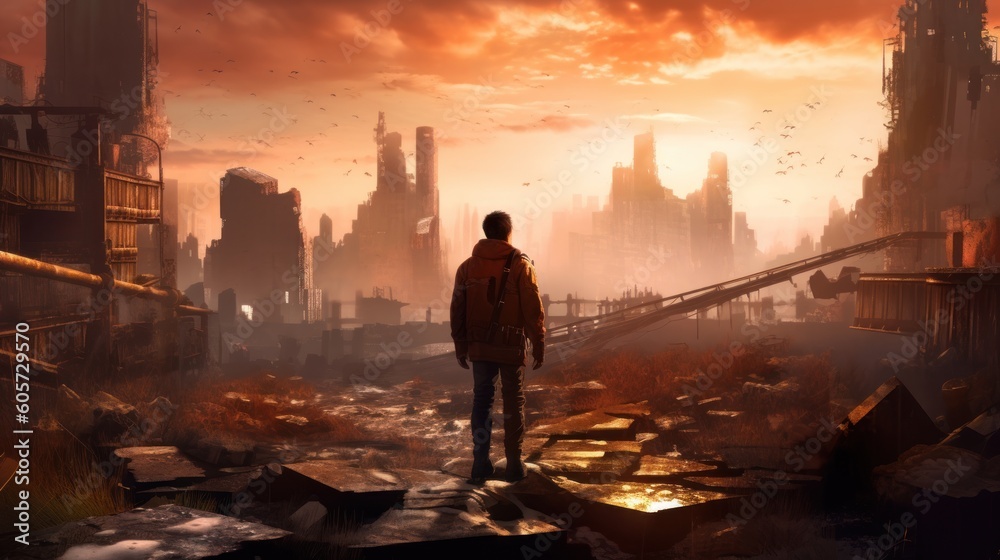 Fototapeta premium Game art piece that captures a significant moment in the middle of a hero's journey through a post - apocalyptic world. The protagonist, a resilient survivor, stands at the threshold of a crumbling ci