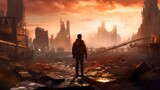 Game art piece that captures a significant moment in the middle of a hero's journey through a post - apocalyptic world. The protagonist, a resilient survivor, stands at the threshold of a crumbling ci